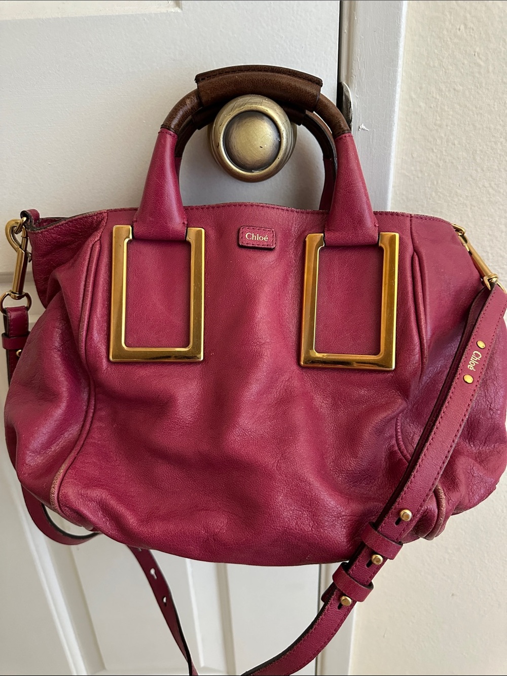 Chloe Deep Fuscia Pink Leather Shoulder Bag with Gold Hardware